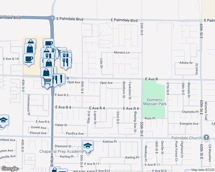 map of restaurants, bars, coffee shops, grocery stores, and more near 5147 Moonraker Road in Palmdale