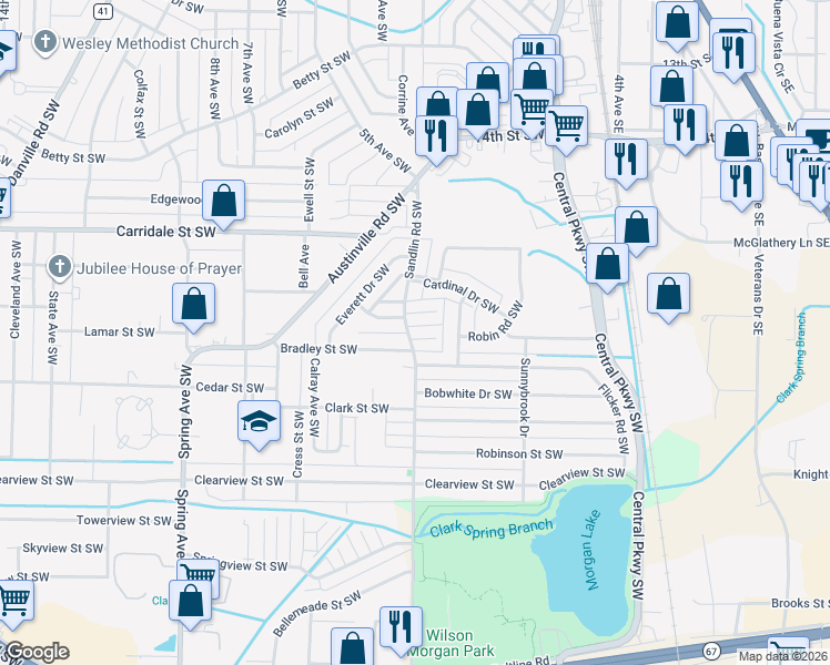 map of restaurants, bars, coffee shops, grocery stores, and more near 343 Autumn Lane Southwest in Decatur