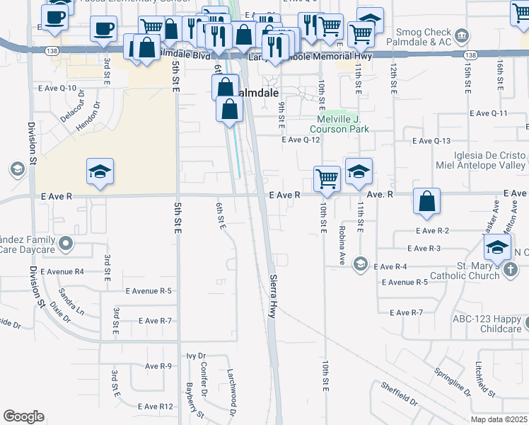 map of restaurants, bars, coffee shops, grocery stores, and more near Sierra Highway in Palmdale