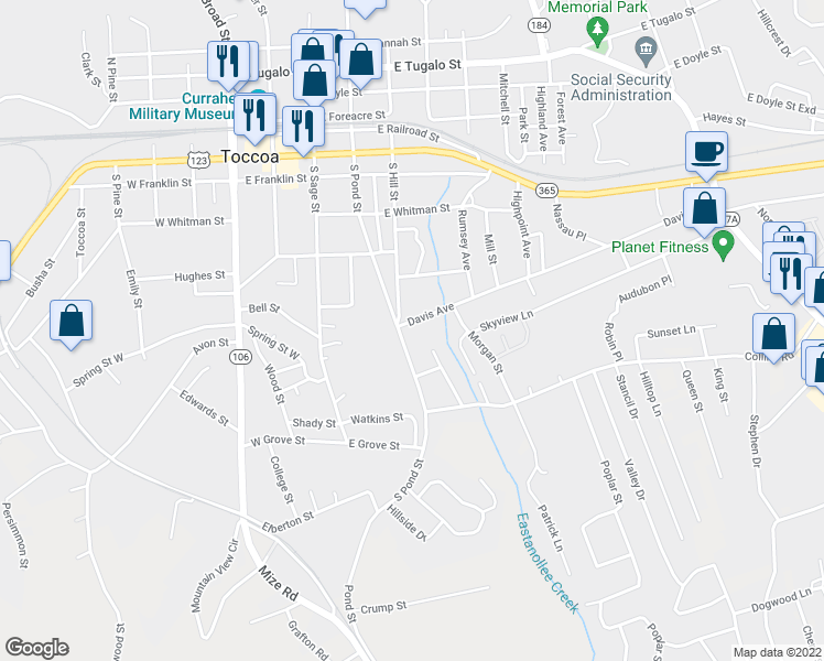 map of restaurants, bars, coffee shops, grocery stores, and more near 62 Davis Avenue in Toccoa