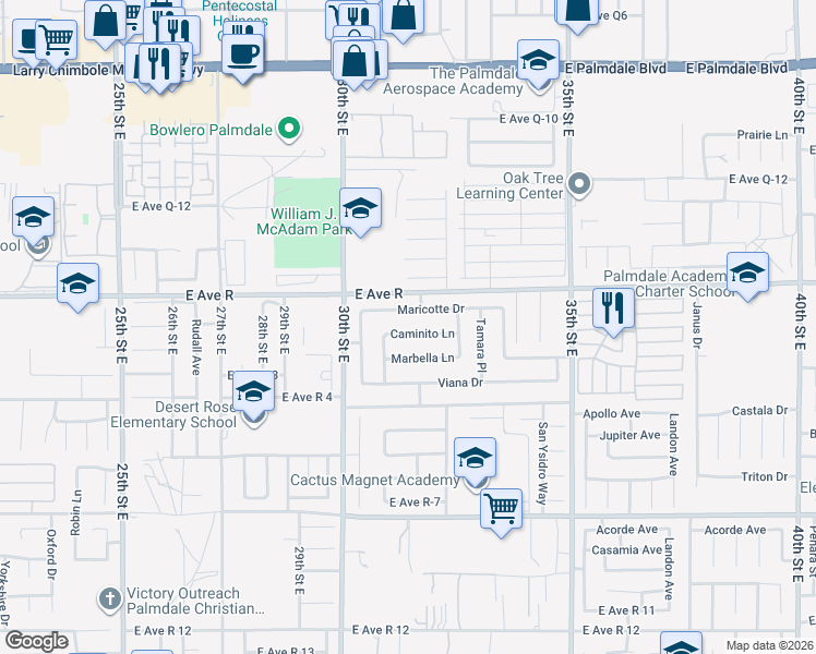 map of restaurants, bars, coffee shops, grocery stores, and more near 3101 Caminito Lane in Palmdale