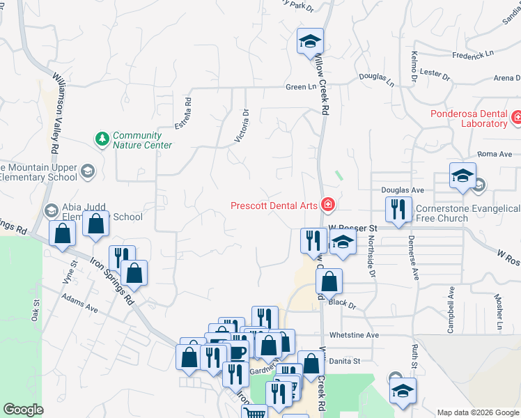 map of restaurants, bars, coffee shops, grocery stores, and more near 951 W Rosser St in Prescott