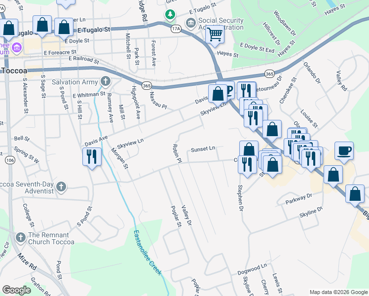 map of restaurants, bars, coffee shops, grocery stores, and more near 59 Sunset Lane in Toccoa