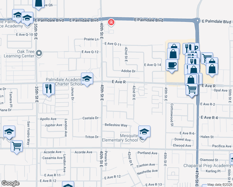 map of restaurants, bars, coffee shops, grocery stores, and more near 37920 Pisces Circle in Palmdale