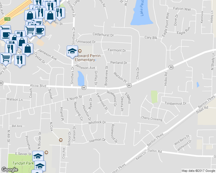map of restaurants, bars, coffee shops, grocery stores, and more near 801 Brookview Street in Benton
