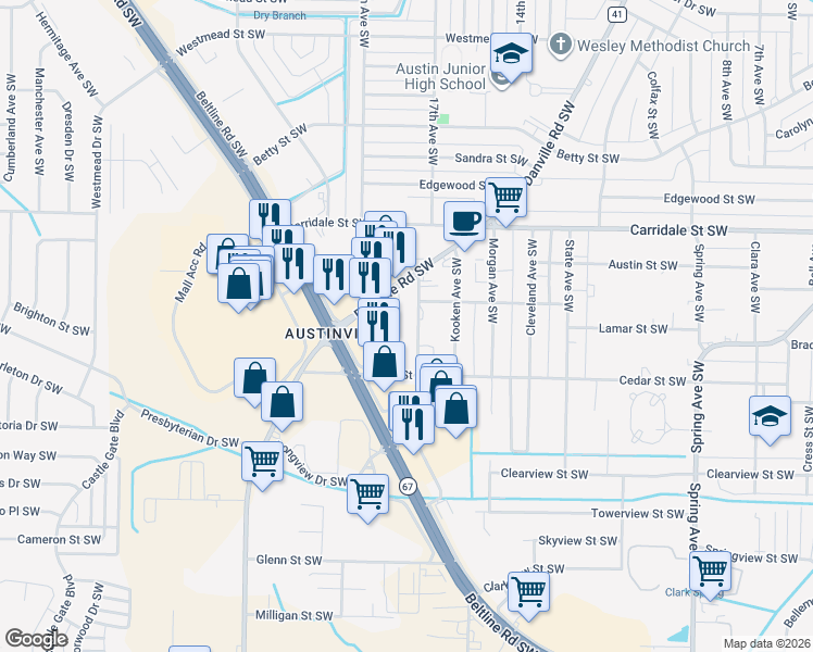 map of restaurants, bars, coffee shops, grocery stores, and more near 2208 Danville Road Southwest in Decatur