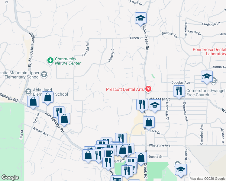map of restaurants, bars, coffee shops, grocery stores, and more near 951 West Rosser Street in Prescott