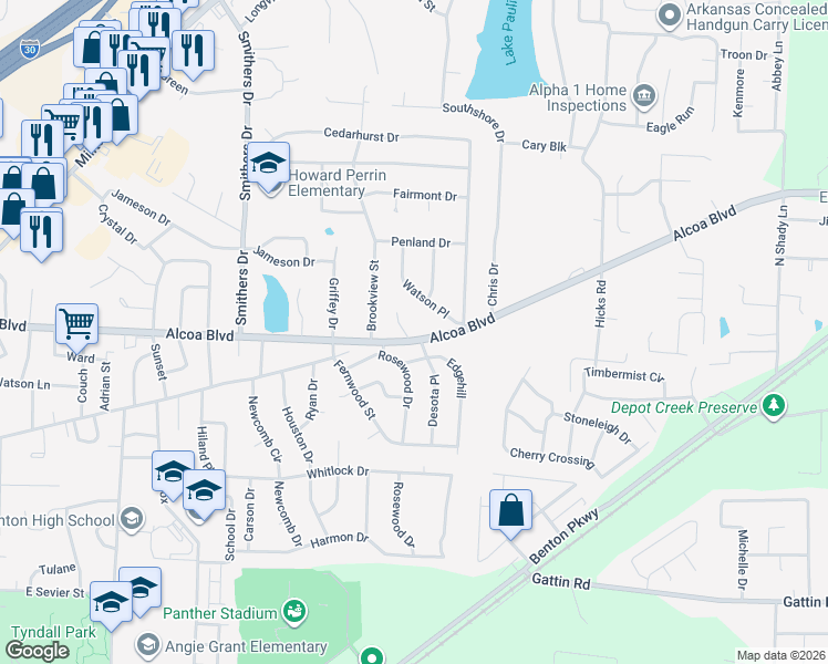 map of restaurants, bars, coffee shops, grocery stores, and more near 1912 Alcoa Boulevard in Benton