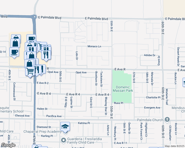 map of restaurants, bars, coffee shops, grocery stores, and more near 5302 Opal Ave in Palmdale