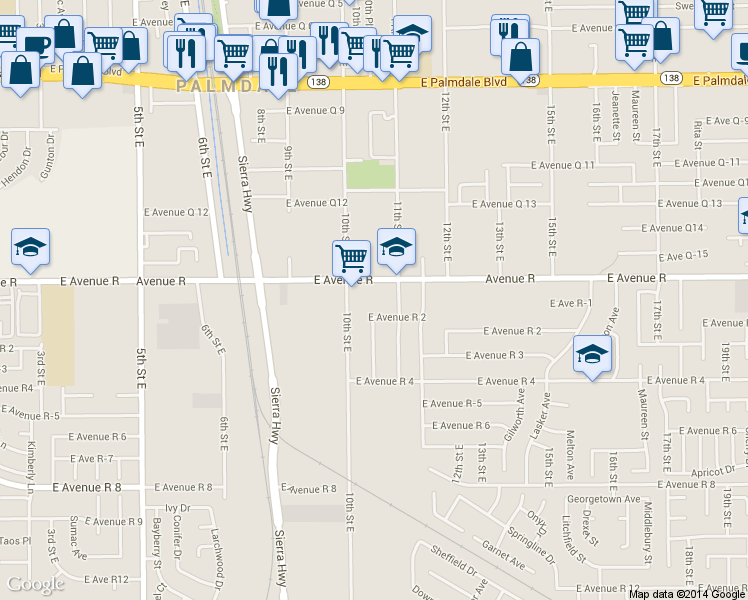 map of restaurants, bars, coffee shops, grocery stores, and more near 37923 11th Street East in Palmdale