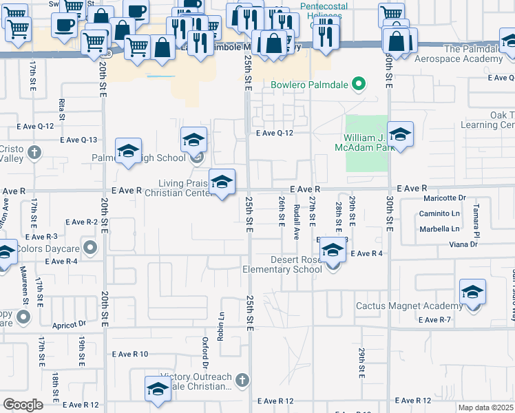 map of restaurants, bars, coffee shops, grocery stores, and more near 37929 Rudall Avenue in Palmdale
