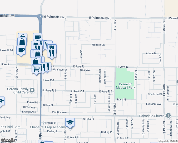 map of restaurants, bars, coffee shops, grocery stores, and more near 5160 Opal Avenue in Palmdale