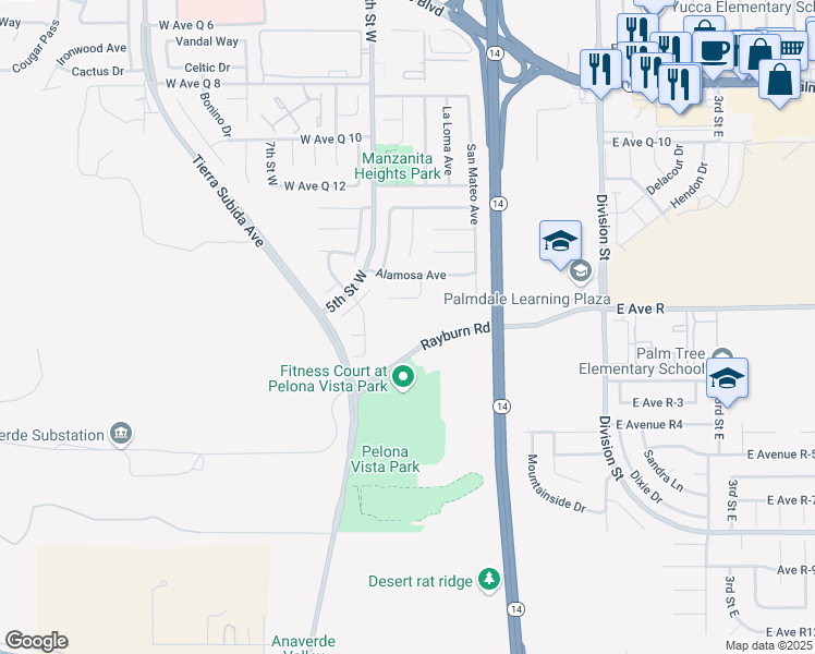 map of restaurants, bars, coffee shops, grocery stores, and more near in Palmdale