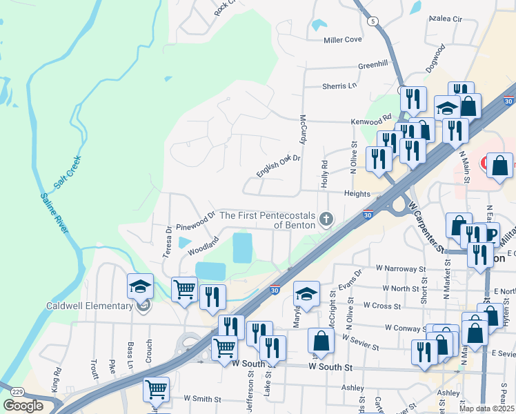 map of restaurants, bars, coffee shops, grocery stores, and more near 1115 Pinewood Drive in Benton