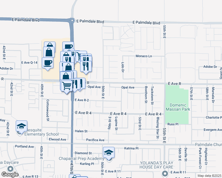 map of restaurants, bars, coffee shops, grocery stores, and more near 5030 Opal Avenue in Palmdale