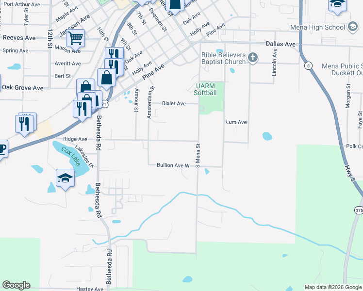 map of restaurants, bars, coffee shops, grocery stores, and more near 209 Bullion Avenue West in Mena
