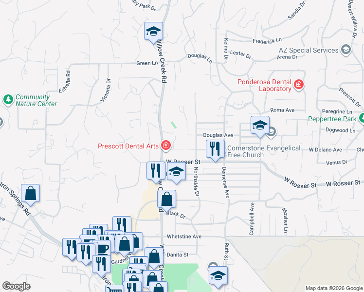 map of restaurants, bars, coffee shops, grocery stores, and more near 822 West Delano Avenue in Prescott
