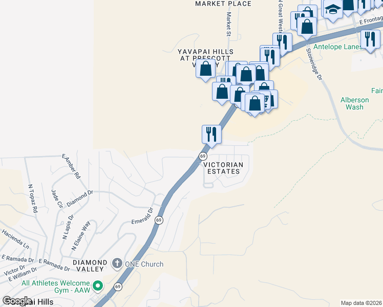 map of restaurants, bars, coffee shops, grocery stores, and more near 5490 East Sapphire Drive in Prescott