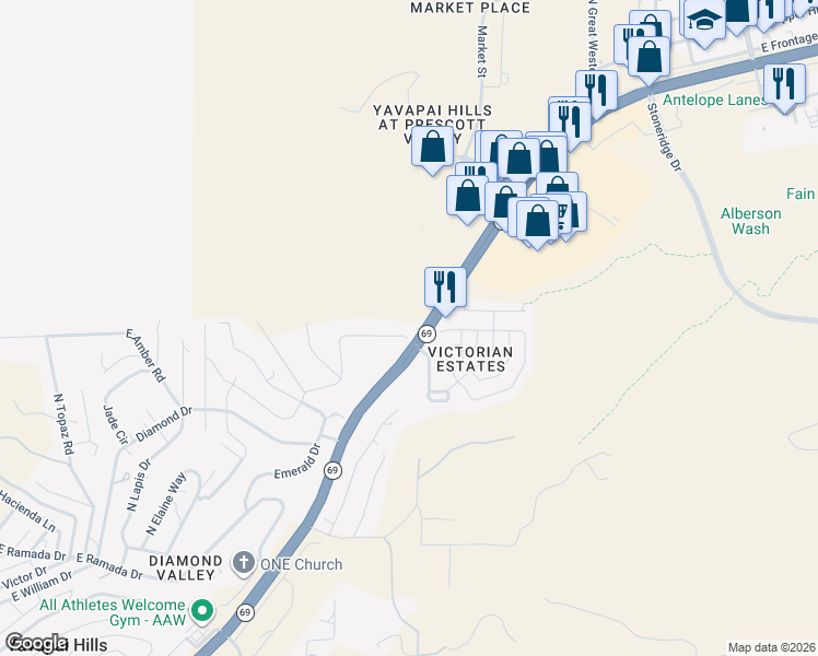 map of restaurants, bars, coffee shops, grocery stores, and more near 5490 East Sapphire Drive in Prescott