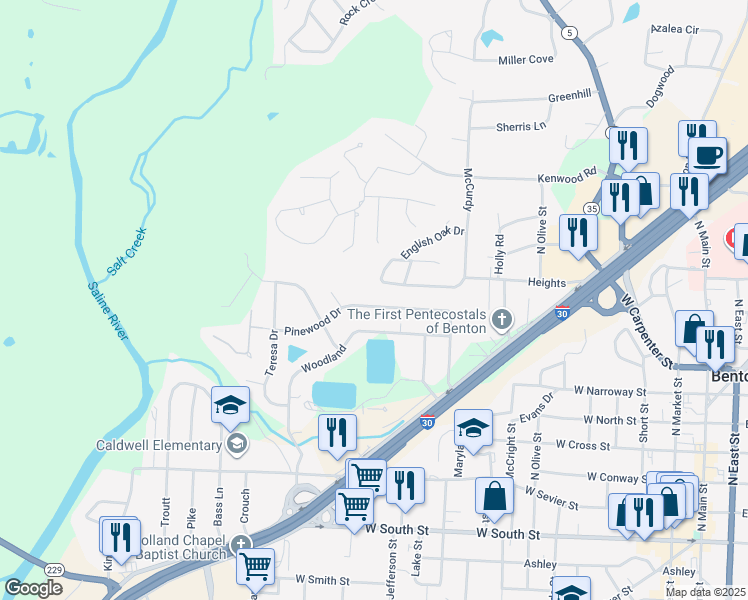 map of restaurants, bars, coffee shops, grocery stores, and more near 1301 Pinewood Drive in Benton