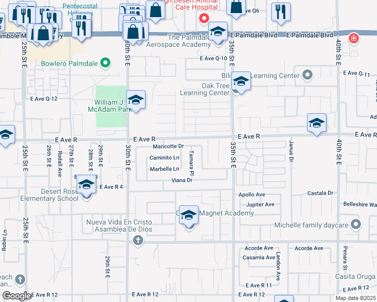 map of restaurants, bars, coffee shops, grocery stores, and more near 37931 Tamara Place in Palmdale