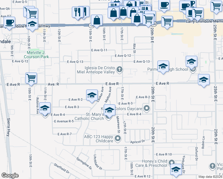 map of restaurants, bars, coffee shops, grocery stores, and more near 37944 Melton Avenue in Palmdale