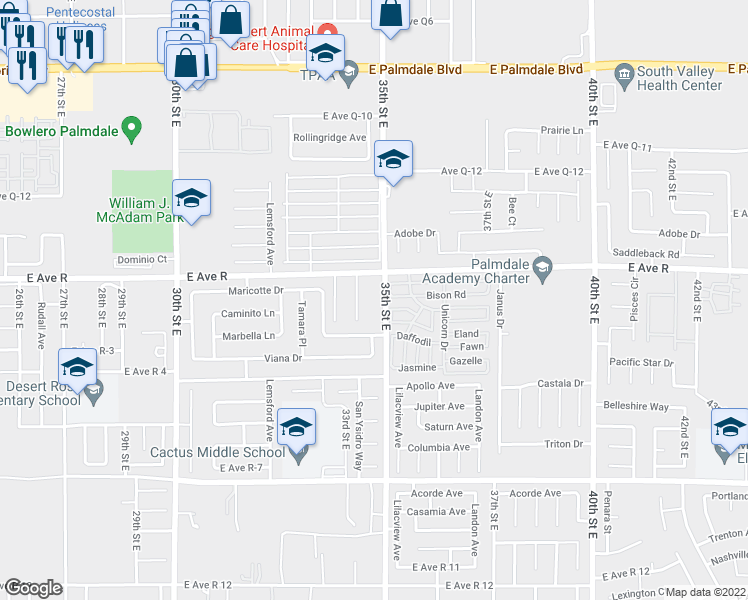 map of restaurants, bars, coffee shops, grocery stores, and more near 37934 Debra Ann Place in Palmdale
