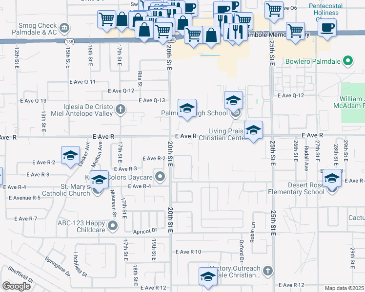 map of restaurants, bars, coffee shops, grocery stores, and more near 37902 20th Street East in Palmdale