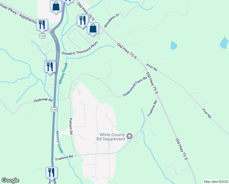 map of restaurants, bars, coffee shops, grocery stores, and more near 625 Underwood Farm Road in Cleveland