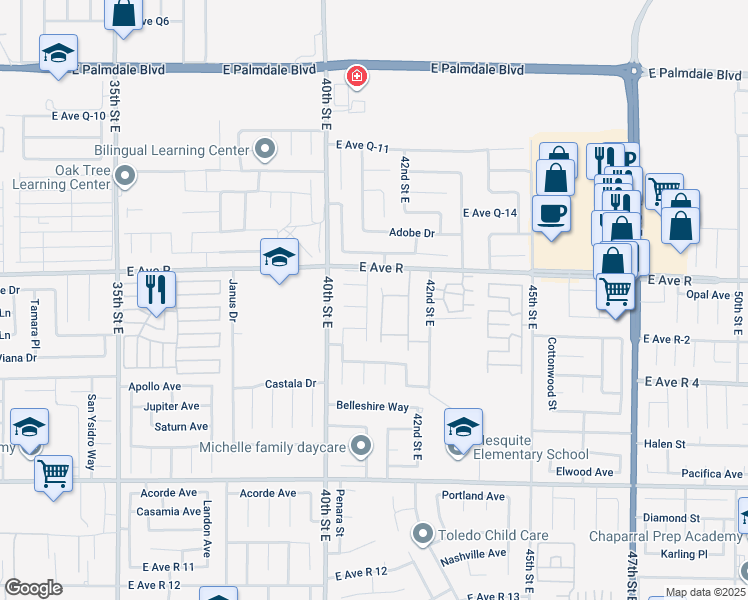 map of restaurants, bars, coffee shops, grocery stores, and more near 37928 Pisces Circle in Palmdale