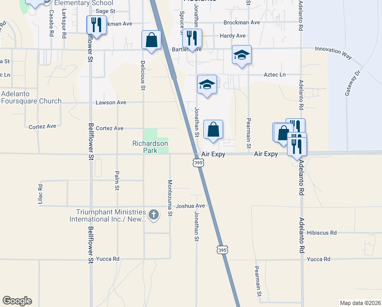 map of restaurants, bars, coffee shops, grocery stores, and more near 11675 Air Expressway in Adelanto