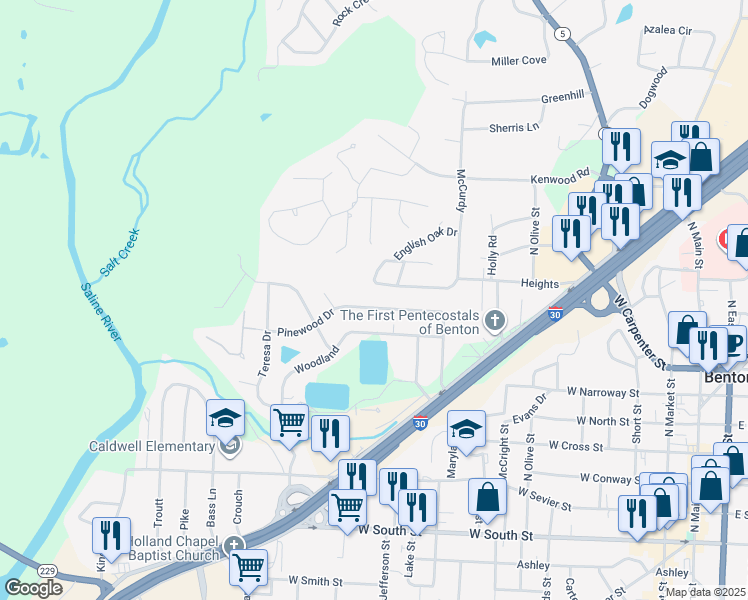 map of restaurants, bars, coffee shops, grocery stores, and more near 1301 Pinewood Drive in Benton
