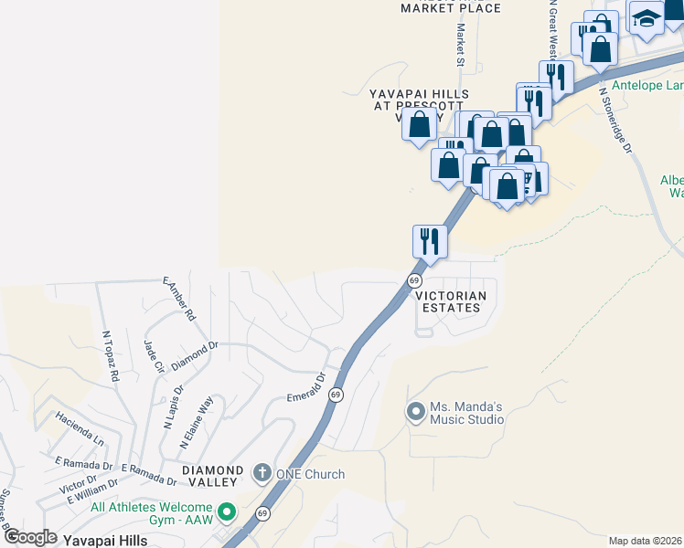 map of restaurants, bars, coffee shops, grocery stores, and more near 5390 East Sapphire Drive in Prescott