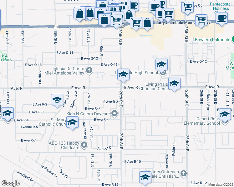 map of restaurants, bars, coffee shops, grocery stores, and more near 1850 East Avenue R in Palmdale