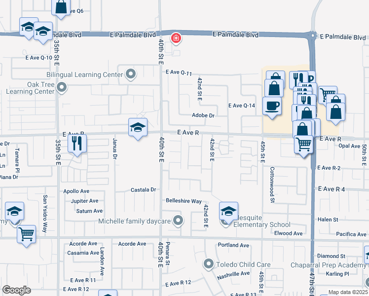 map of restaurants, bars, coffee shops, grocery stores, and more near 37928 Pisces Circle in Palmdale