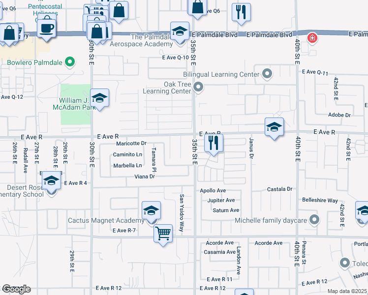 map of restaurants, bars, coffee shops, grocery stores, and more near 37934 Debra Ann Place in Palmdale
