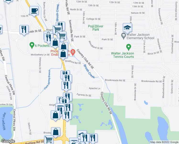 map of restaurants, bars, coffee shops, grocery stores, and more near 2111 Country Club Road Southeast in Decatur