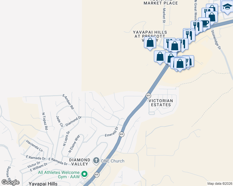 map of restaurants, bars, coffee shops, grocery stores, and more near 1984 North Quartz Drive in Prescott