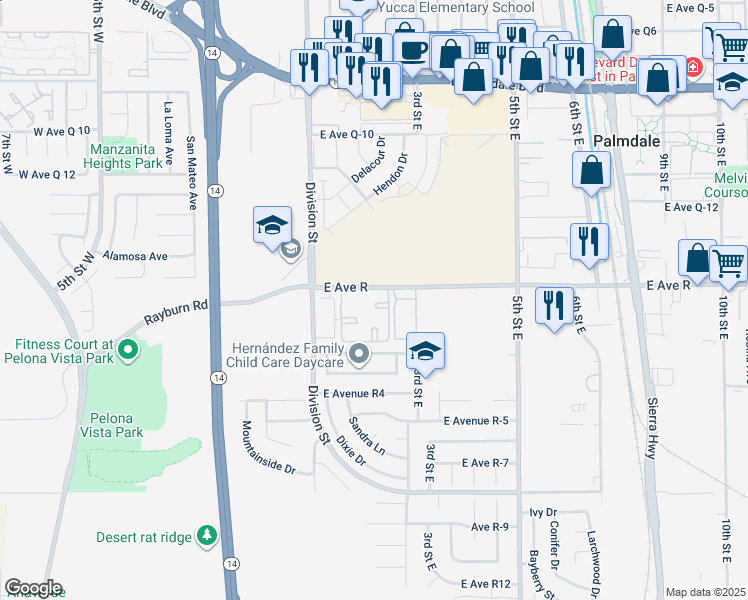 map of restaurants, bars, coffee shops, grocery stores, and more near 238 East Avenue R in Palmdale