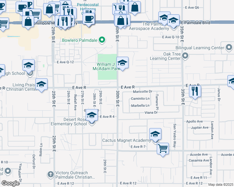 map of restaurants, bars, coffee shops, grocery stores, and more near 37945 30th Street East in Palmdale