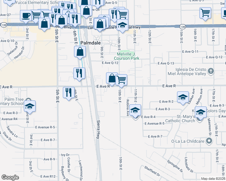map of restaurants, bars, coffee shops, grocery stores, and more near 922 East Avenue Road in Palmdale