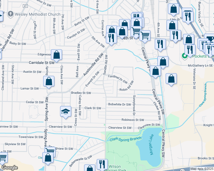 map of restaurants, bars, coffee shops, grocery stores, and more near 343 Autumn Lane Southwest in Decatur