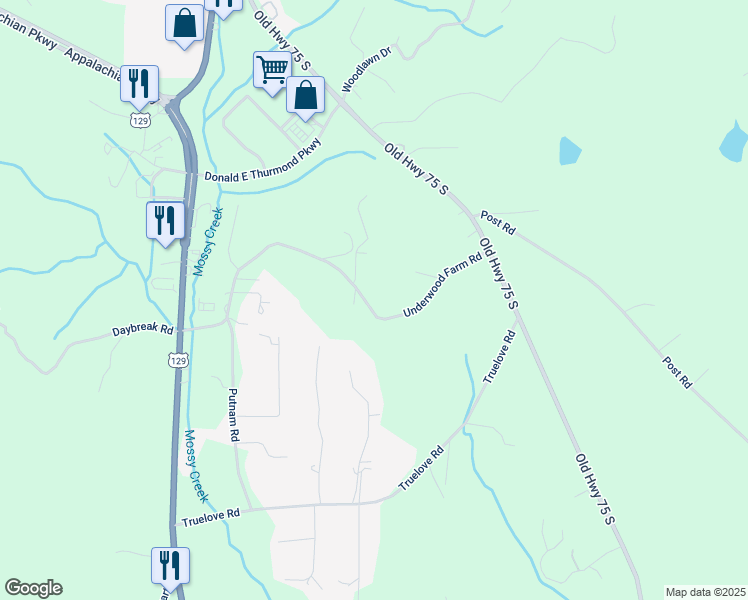 map of restaurants, bars, coffee shops, grocery stores, and more near 625 Underwood Farm Road in Cleveland