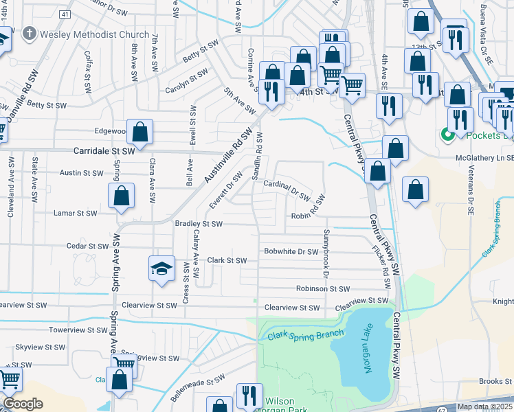 map of restaurants, bars, coffee shops, grocery stores, and more near 343 Autumn Lane Southwest in Decatur