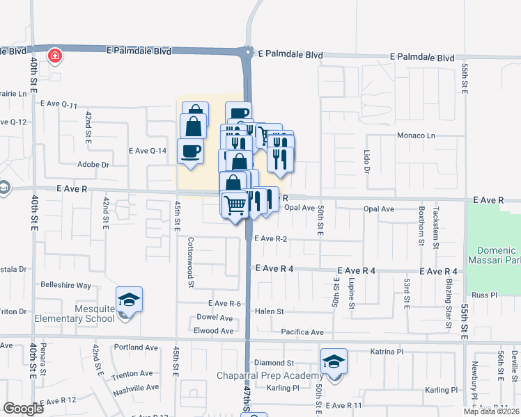 map of restaurants, bars, coffee shops, grocery stores, and more near 37926 47th Street East in Palmdale