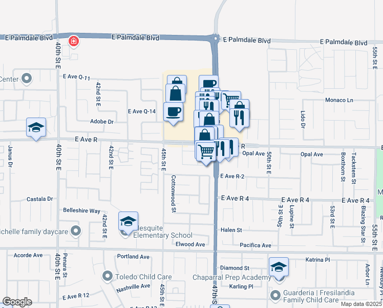 map of restaurants, bars, coffee shops, grocery stores, and more near 4564 Northstar Drive in Palmdale