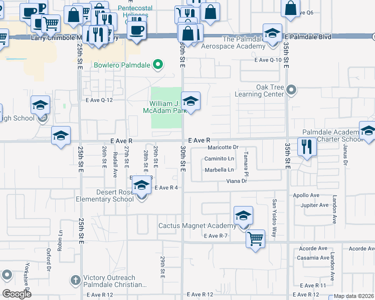 map of restaurants, bars, coffee shops, grocery stores, and more near 37937 San Carlos Way in Palmdale