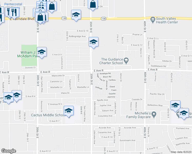 map of restaurants, bars, coffee shops, grocery stores, and more near 37979 35th Street East in Palmdale
