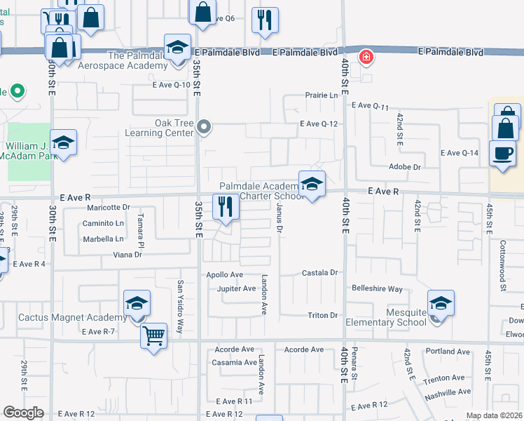 map of restaurants, bars, coffee shops, grocery stores, and more near in Lake Los Angeles