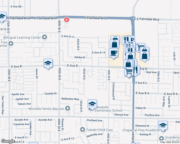 map of restaurants, bars, coffee shops, grocery stores, and more near 37940 42nd Street East in Palmdale